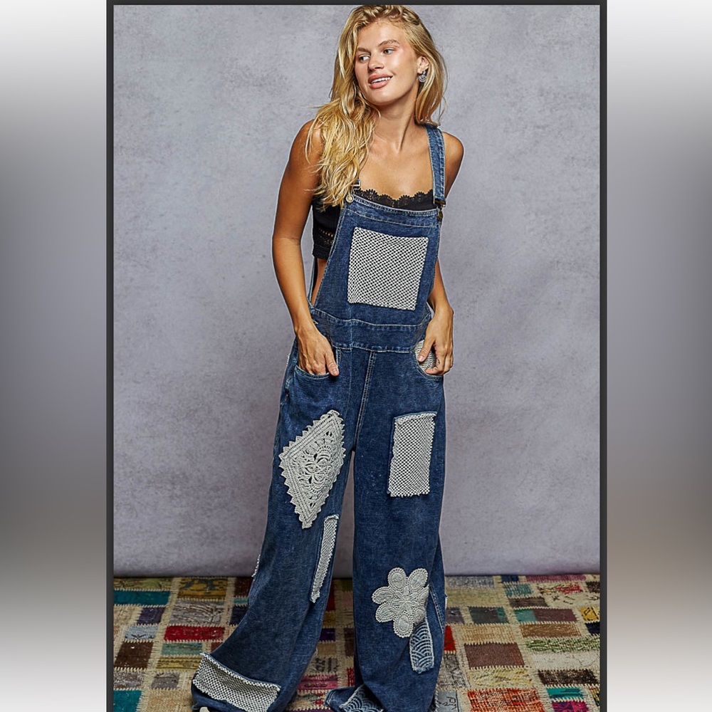 NWOT POL Denim Patchwork Wide-Leg Overalls in Blue with White Crochet Patches